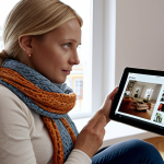 **Interactive Ad Scene:** A woman casually watching a show on her tablet in a modern Swedish living room. An interactive ad pops up, allowing her to directly purchase a stylish scarf worn by the actress on screen. Focus on the seamless integration and convenience.
