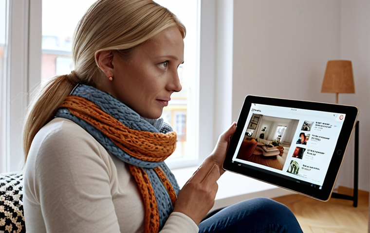 **Interactive Ad Scene:** A woman casually watching a show on her tablet in a modern Swedish living room. An interactive ad pops up, allowing her to directly purchase a stylish scarf worn by the actress on screen. Focus on the seamless integration and convenience.