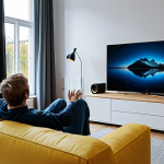 A person, fully clothed in comfortable, modest home attire, relaxed on a modern sofa, deeply immersed in a high-quality 4K streaming experience on a large, sleek television screen in a contemporary Swedish living room. The room is well-lit with soft, ambient lighting, showcasing excellent picture quality with vibrant colors and deep blacks. Subtle hints of a premium sound system are visible. The scene captures a feeling of joy and immersion in superior home entertainment. safe for work, appropriate content, fully clothed, professional, perfect anatomy, correct proportions, natural pose, well-formed hands, proper finger count, natural body proportions, high-quality, professional photography.