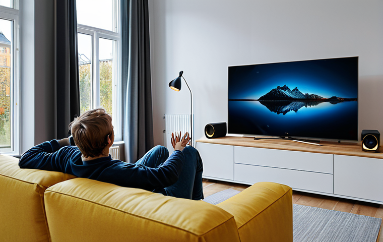A person, fully clothed in comfortable, modest home attire, relaxed on a modern sofa, deeply immersed in a high-quality 4K streaming experience on a large, sleek television screen in a contemporary Swedish living room. The room is well-lit with soft, ambient lighting, showcasing excellent picture quality with vibrant colors and deep blacks. Subtle hints of a premium sound system are visible. The scene captures a feeling of joy and immersion in superior home entertainment. safe for work, appropriate content, fully clothed, professional, perfect anatomy, correct proportions, natural pose, well-formed hands, proper finger count, natural body proportions, high-quality, professional photography.