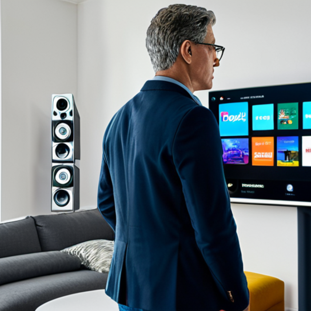 A professional, adult individual, fully clothed in appropriate, modest attire, stands thoughtfully in a modern, well-lit living room. They are surrounded by several digital screens (tablet, laptop, smart TV) displaying various streaming service logos and content thumbnails, representing the vast array of choices. The person's expression conveys contemplation and the challenge of selecting the right option from a diverse, yet potentially overwhelming, offering. The scene emphasizes the theme of navigating complex digital entertainment landscapes. Perfect anatomy, correct proportions, natural pose, well-formed hands, proper finger count, natural body proportions. Professional photography, high quality, safe for work, appropriate content, family-friendly.