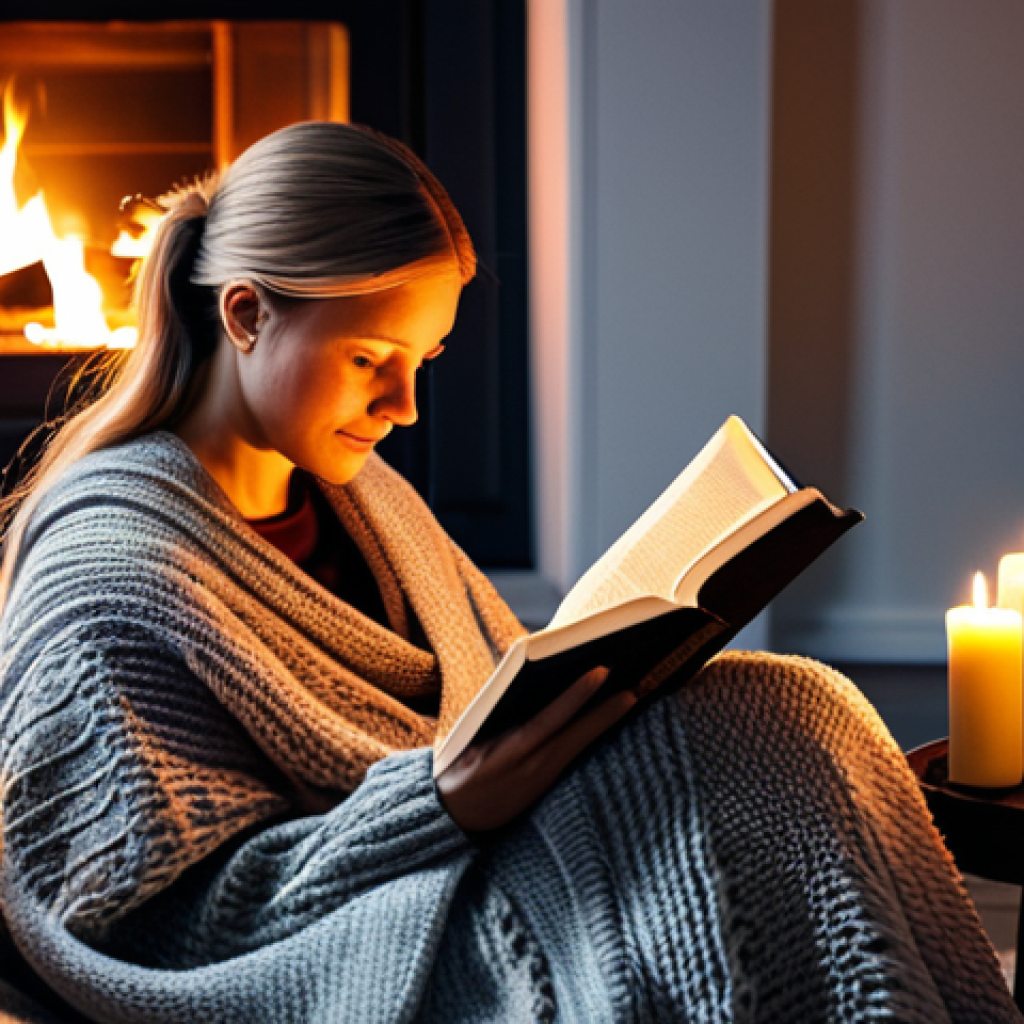 **
"A cozy Swedish living room scene at dusk, warm light from a fireplace illuminates a fully clothed woman reading a book on a comfy sofa. Knitted blanket, candles, soft lighting. Family-friendly, safe for work, appropriate content, professional photography, perfect anatomy, natural proportions, modest clothing."
**