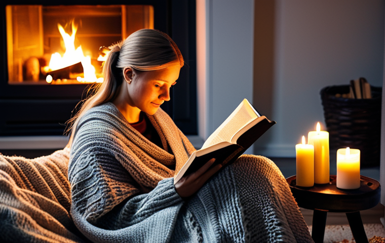 **
"A cozy Swedish living room scene at dusk, warm light from a fireplace illuminates a fully clothed woman reading a book on a comfy sofa. Knitted blanket, candles, soft lighting. Family-friendly, safe for work, appropriate content, professional photography, perfect anatomy, natural proportions, modest clothing."
**