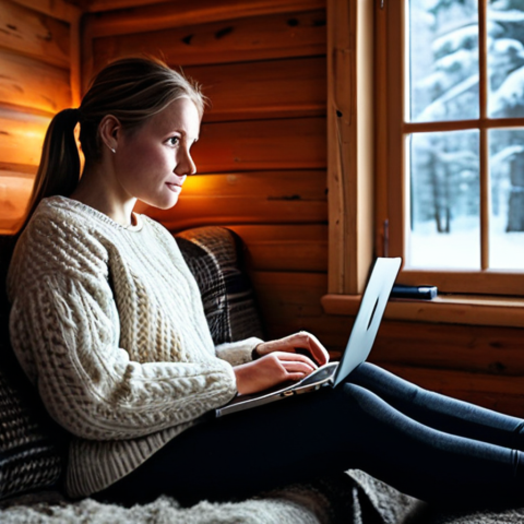 Cozy Cabin Streaming Night**

"A warmly lit, rustic Swedish cabin interior in winter. A young woman, fully clothed in a thick wool sweater and leggings, sits comfortably on a sofa, wrapped in a blanket, holding a mug of hot chocolate. She is watching a Swedish crime drama on a laptop. A crackling fireplace is visible in the background. Snow is falling gently outside the window. Soft, inviting lighting. safe for work, appropriate content, fully clothed, professional, modest, family-friendly, perfect anatomy, correct proportions, natural pose, well-formed hands, proper finger count, natural body proportions."

**