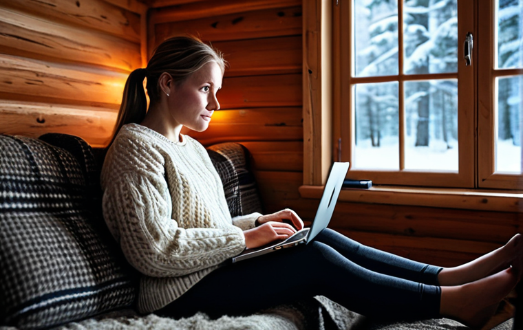Cozy Cabin Streaming Night**

"A warmly lit, rustic Swedish cabin interior in winter. A young woman, fully clothed in a thick wool sweater and leggings, sits comfortably on a sofa, wrapped in a blanket, holding a mug of hot chocolate. She is watching a Swedish crime drama on a laptop. A crackling fireplace is visible in the background. Snow is falling gently outside the window. Soft, inviting lighting. safe for work, appropriate content, fully clothed, professional, modest, family-friendly, perfect anatomy, correct proportions, natural pose, well-formed hands, proper finger count, natural body proportions."

**