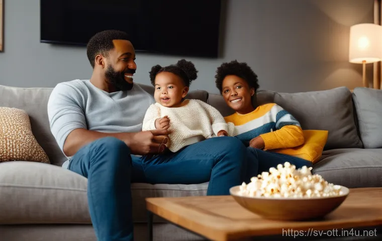 OTT와 팬덤 문화 - **Cozy Family Movie Night at Home:**
A diverse family consisting of a mother, father, an 8-year-...