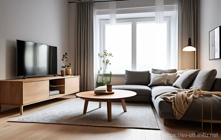 OTT와 원격 시청 모드 - **Prompt:** A cozy, modern Scandinavian living room in the evening, softly lit by ambient floor lamp...