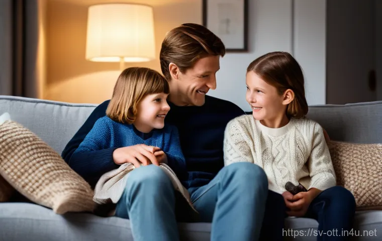OTT와 고전 영화 복원 - **Prompt 1: Family Film Night - Past Meets Present**
A warm and inviting scene of a modern Swedi...