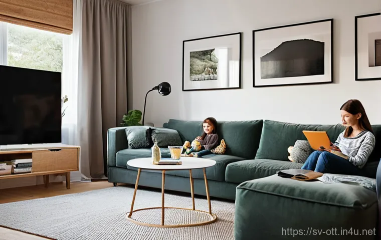 OTT 콘텐츠의 사회적 영향 - **Prompt 1: The Modern Swedish Family's Cozy Streaming Night**
"A cozy and inviting living room ...