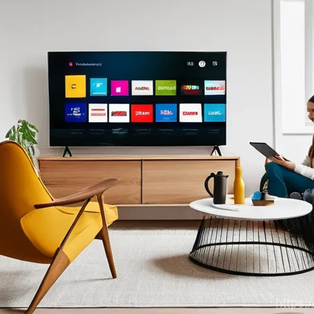 OTT와 지역별 경쟁 - **Prompt:** A vibrant, contemporary Swedish living room scene. On a large, sleek wall-mounted televi...