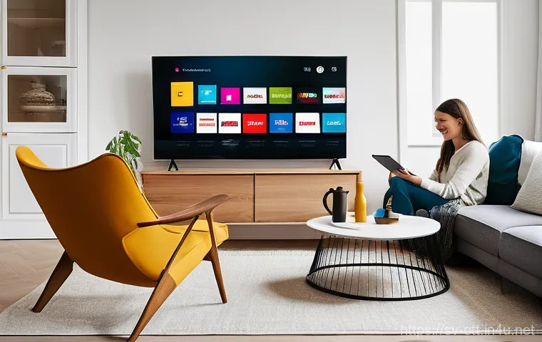 OTT와 지역별 경쟁 - **Prompt:** A vibrant, contemporary Swedish living room scene. On a large, sleek wall-mounted televi...