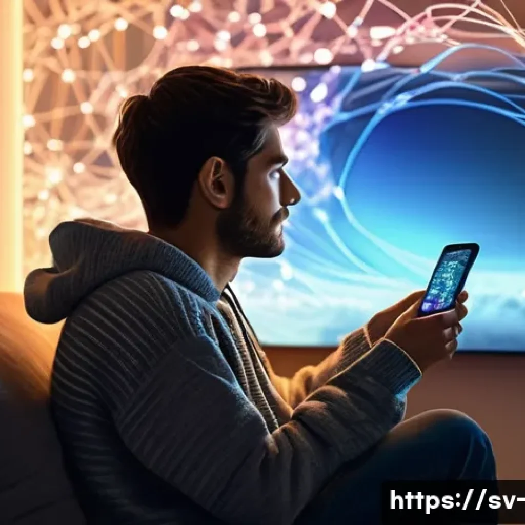 OTT 플랫폼 개인정보 유출 - **Prompt**: "A cozy, modern living room scene. A young adult, casually dressed in a comfortable swea...