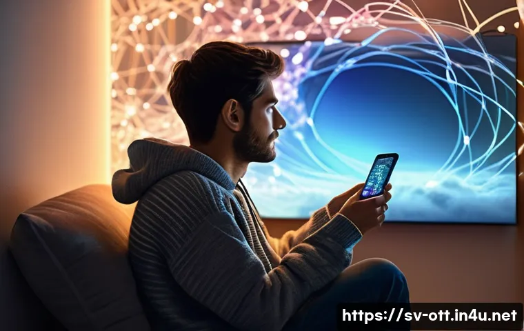OTT 플랫폼 개인정보 유출 - **Prompt**: "A cozy, modern living room scene. A young adult, casually dressed in a comfortable swea...