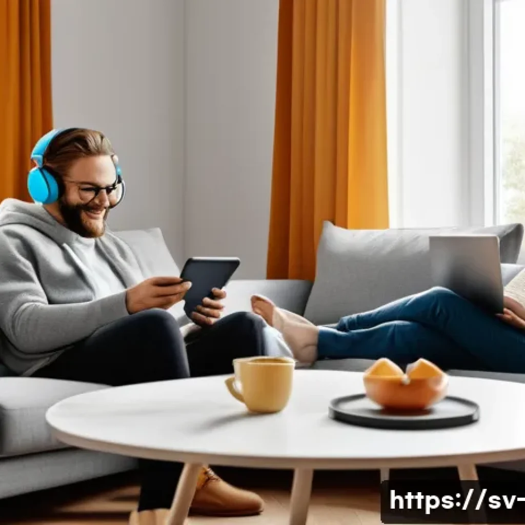 OTT와 미디어 융합 전략 - A cozy, modern Swedish living room at twilight, bathed in the warm glow of screens. Diverse individu...