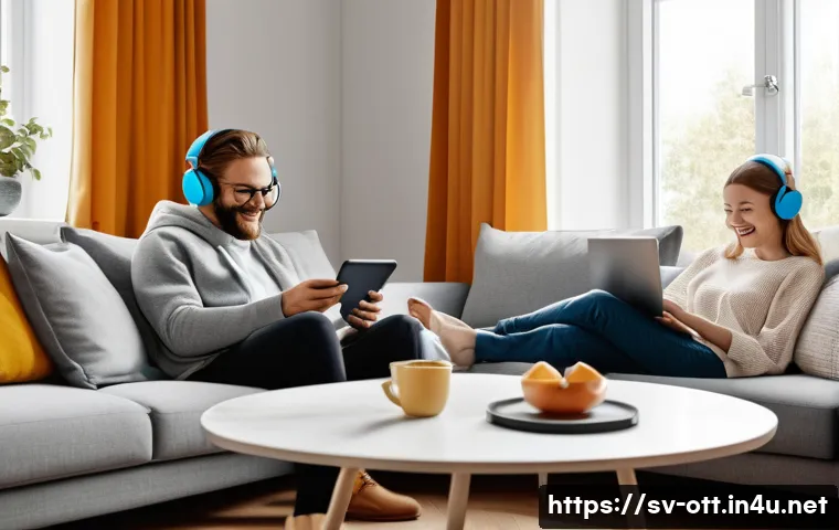 OTT와 미디어 융합 전략 - A cozy, modern Swedish living room at twilight, bathed in the warm glow of screens. Diverse individu...