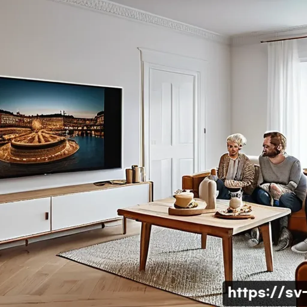 OTT 콘텐츠 재생 시간 - A cozy Swedish living room scene showing a multi-generational family gathered around a large flat-sc...