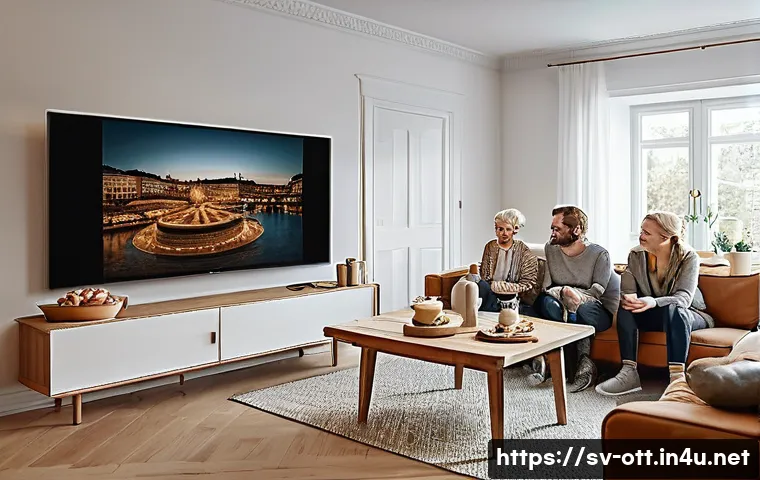 OTT 콘텐츠 재생 시간 - A cozy Swedish living room scene showing a multi-generational family gathered around a large flat-sc...