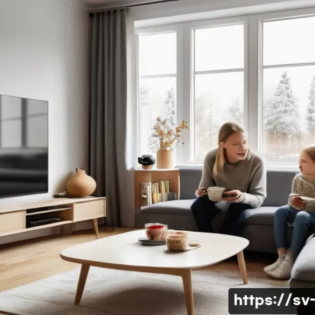 OTT와 장르별 콘텐츠 비교 - A cozy modern living room in a Swedish apartment, featuring a family of four watching a large flat-s...