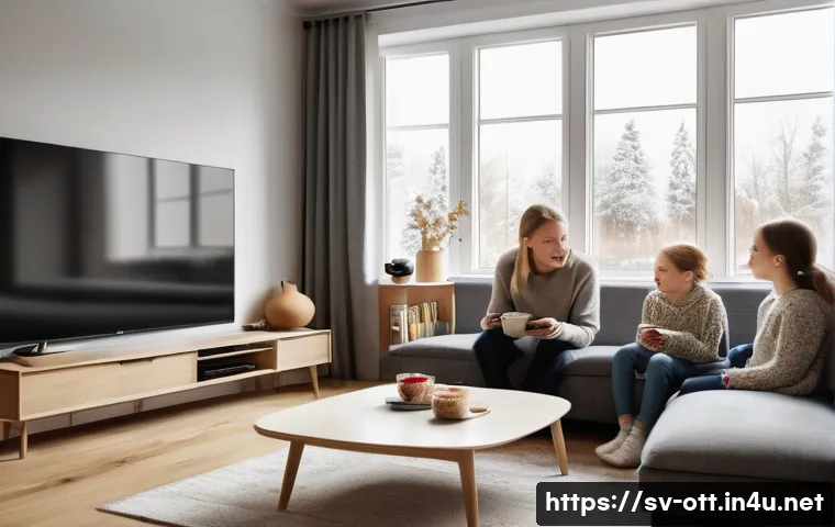 OTT와 장르별 콘텐츠 비교 - A cozy modern living room in a Swedish apartment, featuring a family of four watching a large flat-s...