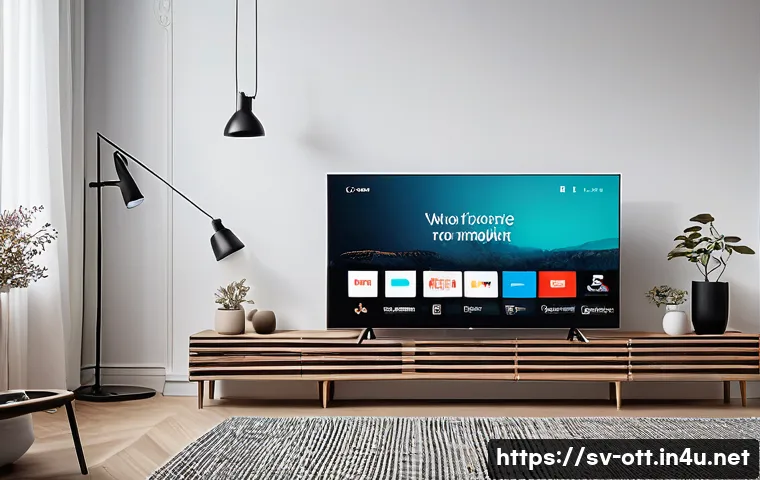 OTT와 사용자 피드백 - A sleek, modern streaming platform interface displayed on a large smart TV in a cozy Swedish living ...