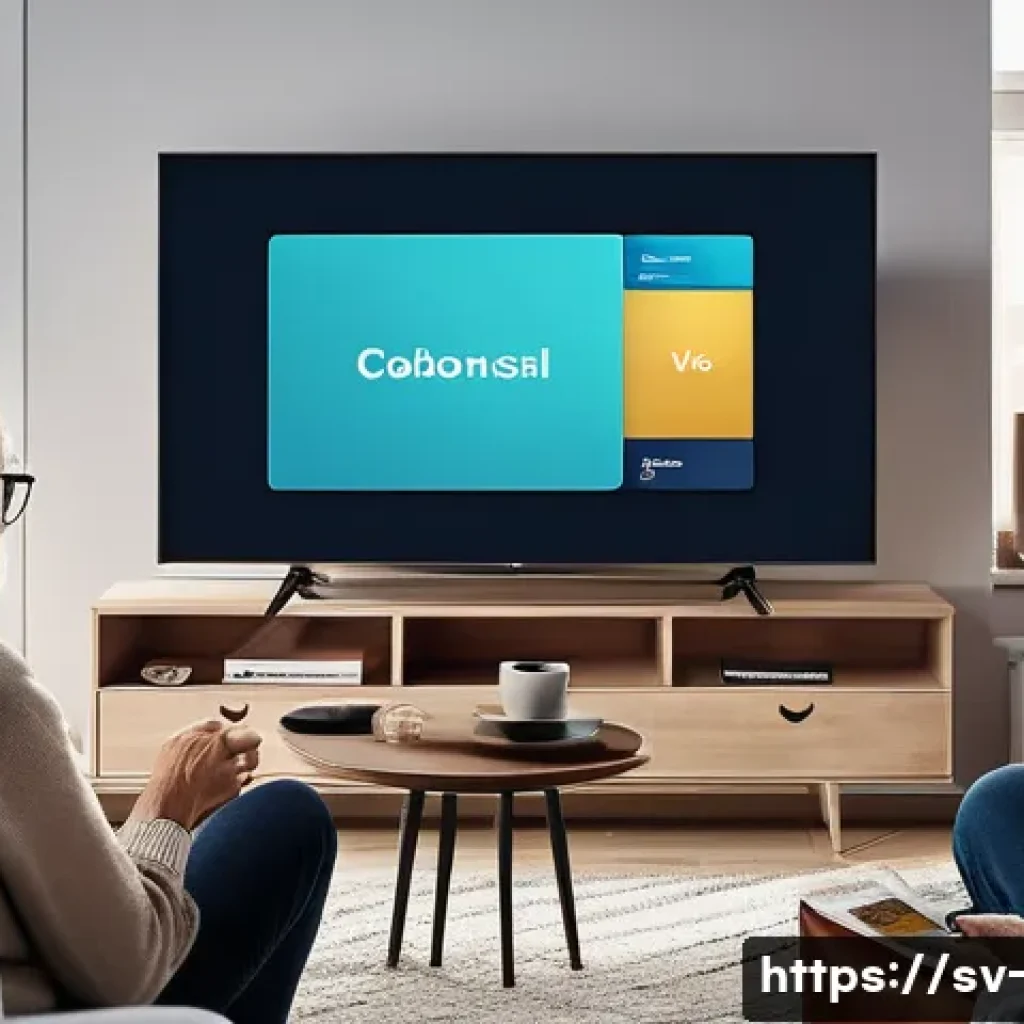 티빙 예능 콘텐츠 - A lively Scandinavian living room scene where a diverse group of adults and seniors are watching a S...