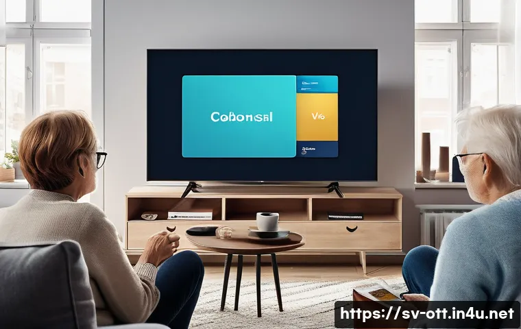티빙 예능 콘텐츠 - A lively Scandinavian living room scene where a diverse group of adults and seniors are watching a S...