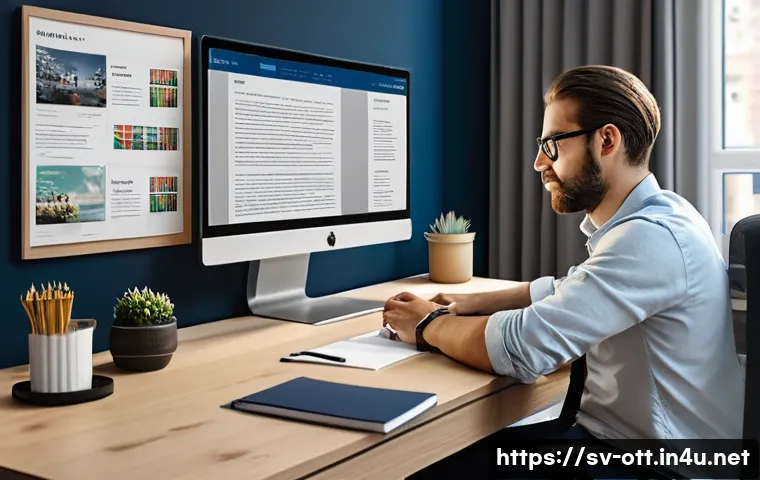 OTT 콘텐츠 번역 품질 - A professional translator sitting at a modern desk with dual monitors displaying a subtitled interna...