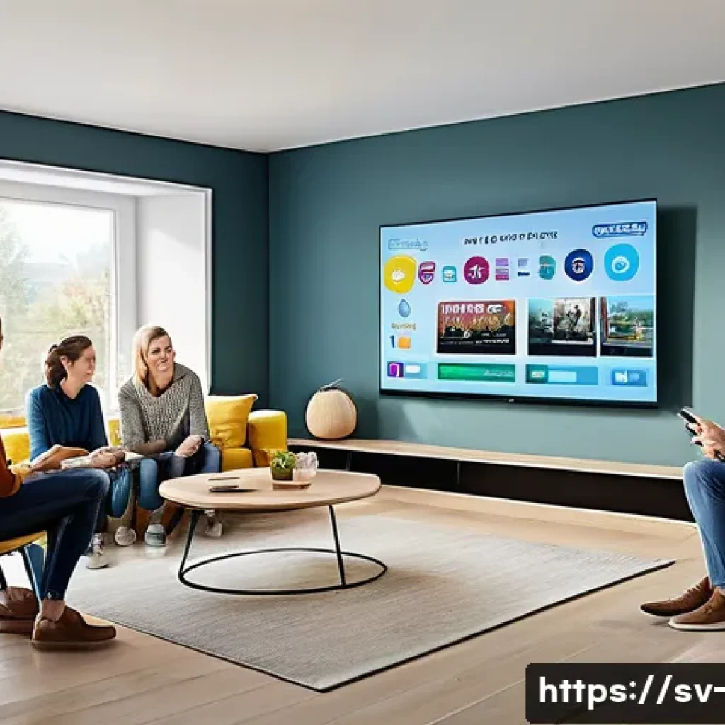 OTT와 게임화 요소 - A modern living room scene featuring a diverse group of Swedish adults and teenagers engaging with a...