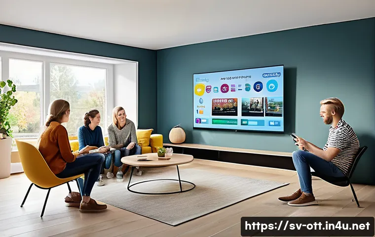 OTT와 게임화 요소 - A modern living room scene featuring a diverse group of Swedish adults and teenagers engaging with a...