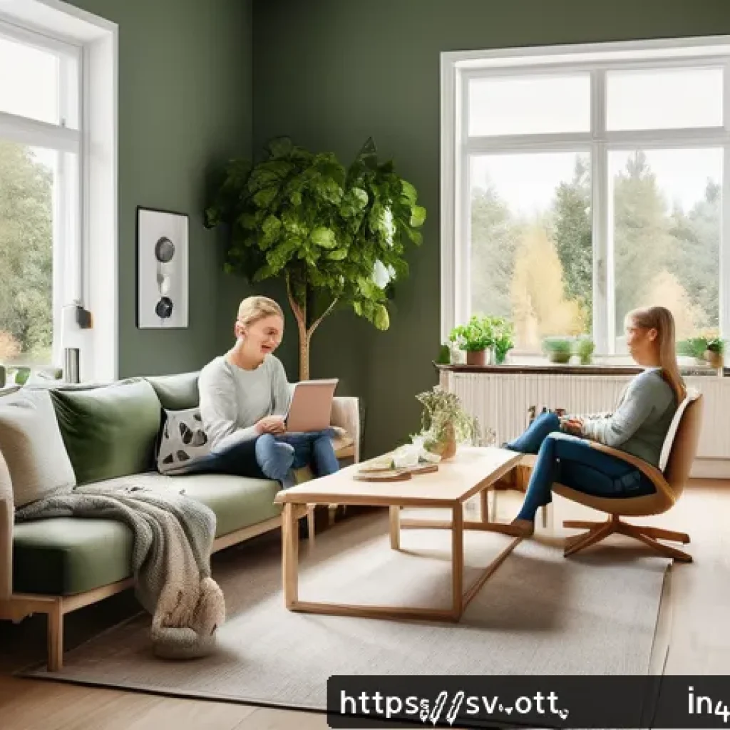 OTT 유행 콘텐츠 분석 - A cozy modern living room scene in Sweden, featuring a diverse family of four using multiple devices...