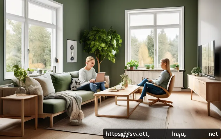OTT 유행 콘텐츠 분석 - A cozy modern living room scene in Sweden, featuring a diverse family of four using multiple devices...