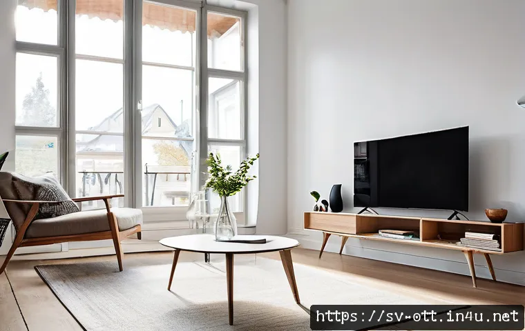 OTT 스마트폰 연결 방법 - A modern Scandinavian living room featuring a centrally placed Wi-Fi router on a sleek wooden shelf,...