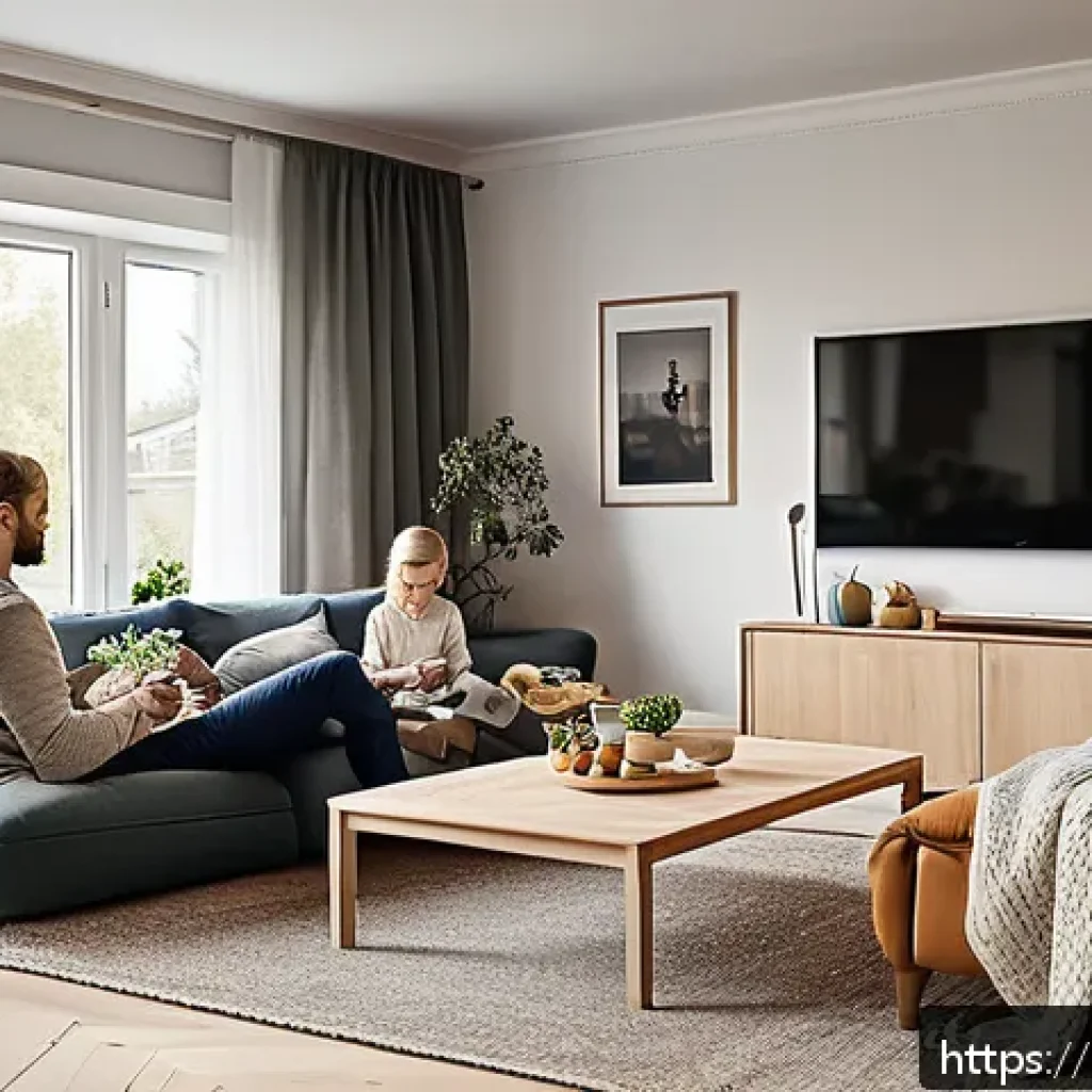 OTT 시장 점유율 - A cozy Swedish living room scene in the evening, showing a diverse family of four comfortably stream...