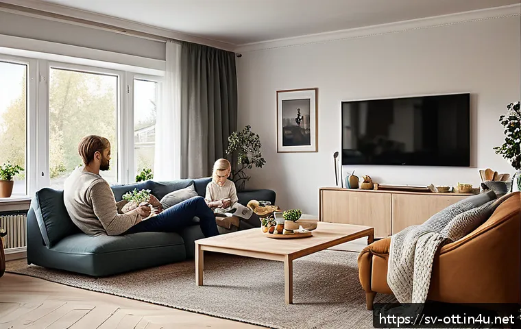 OTT 시장 점유율 - A cozy Swedish living room scene in the evening, showing a diverse family of four comfortably stream...