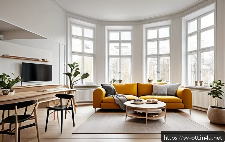 OTT 구독료 할인 이벤트 - A cozy modern living room in a Swedish apartment, with a diverse family of four comfortably watching...