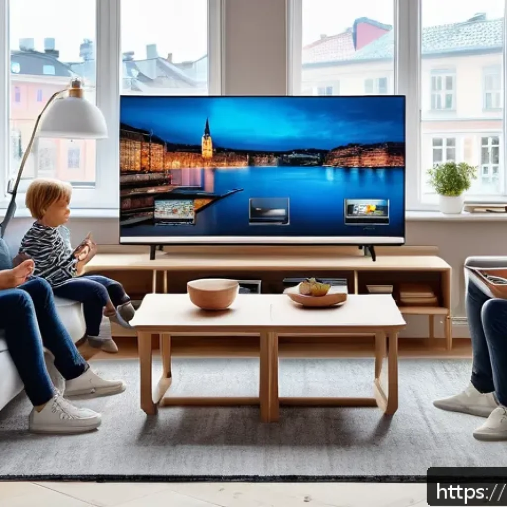 OTT 플랫폼 성장 전망 - A modern Swedish living room scene with a diverse family of four each watching different shows on va...