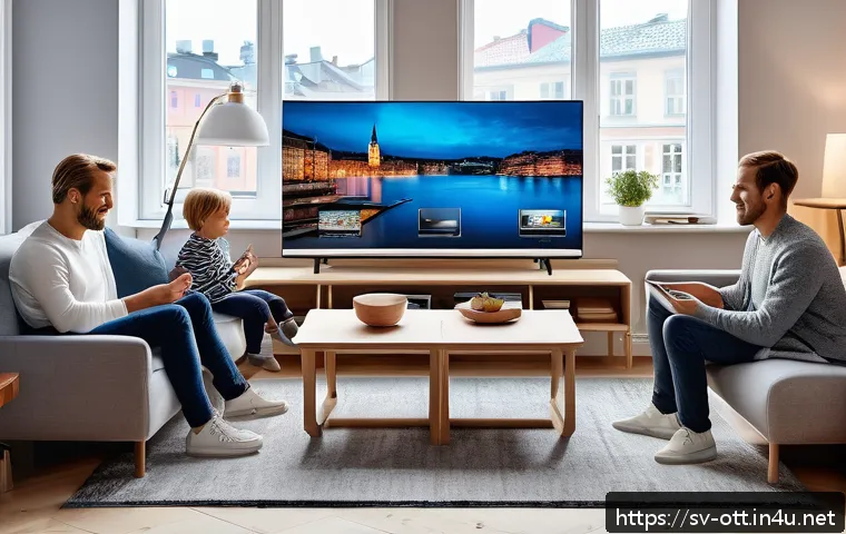 OTT 플랫폼 성장 전망 - A modern Swedish living room scene with a diverse family of four each watching different shows on va...