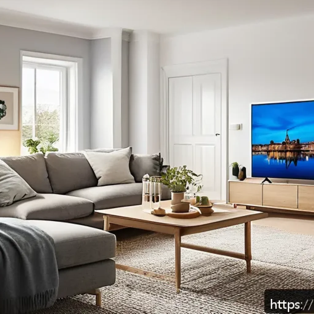 OTT 플랫폼 광고 수익 - A modern Swedish living room scene featuring a family watching OTT content on a sleek smart TV durin...