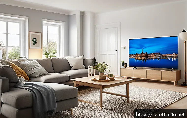 OTT 플랫폼 광고 수익 - A modern Swedish living room scene featuring a family watching OTT content on a sleek smart TV durin...