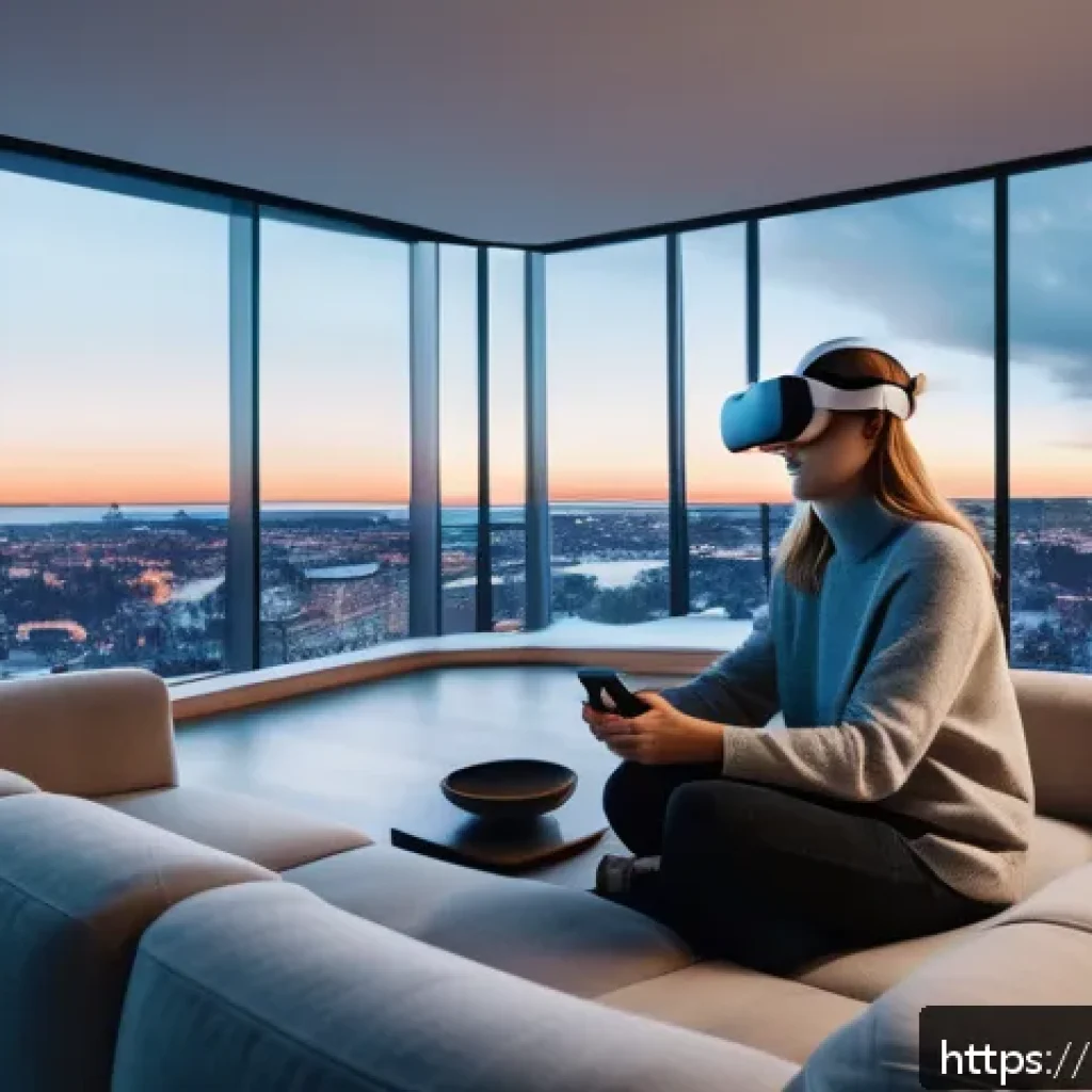 OTT와 VR 콘텐츠 - A futuristic living room in a modern Swedish apartment featuring a person wearing a comfortable VR h...