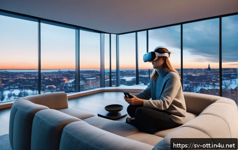 OTT와 VR 콘텐츠 - A futuristic living room in a modern Swedish apartment featuring a person wearing a comfortable VR h...