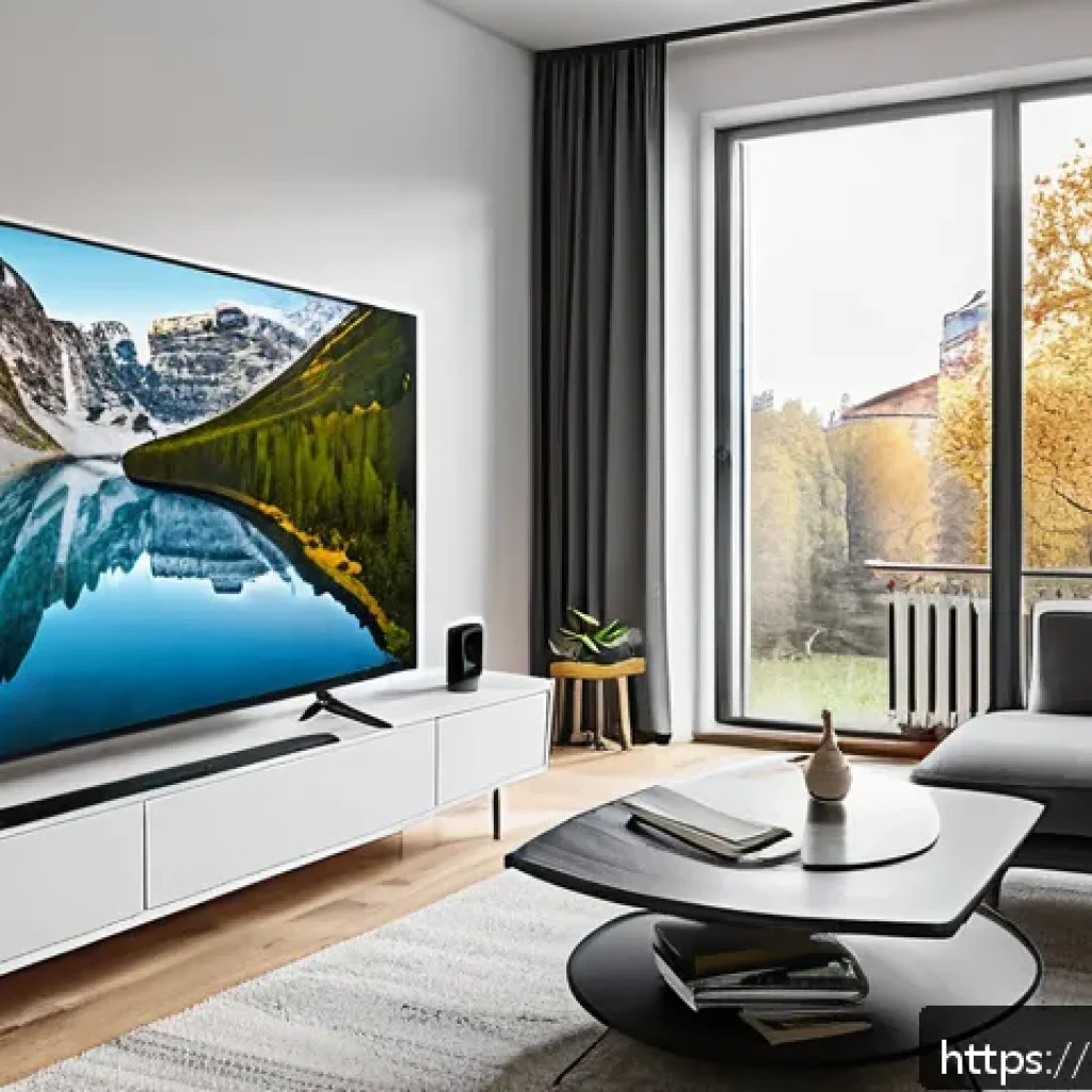 OTT 기술 발전의 가능성 - A sleek modern living room in a Swedish apartment with a large 4K HDR smart TV displaying a vivid na...