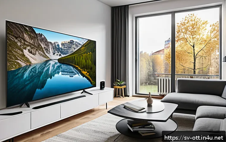 OTT 기술 발전의 가능성 - A sleek modern living room in a Swedish apartment with a large 4K HDR smart TV displaying a vivid na...