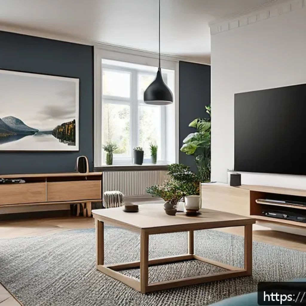 OTT와 글로벌 네트워크 - A modern Swedish living room scene featuring a family streaming a movie on a large 4K HDR smart TV w...