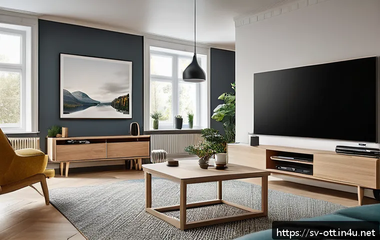 OTT와 글로벌 네트워크 - A modern Swedish living room scene featuring a family streaming a movie on a large 4K HDR smart TV w...