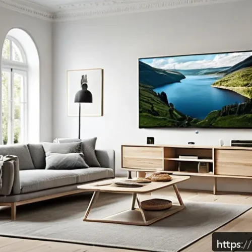 Home 33 OTT 플랫폼 장단점 - A modern Scandinavian living room featuring a family comfortably streaming content on multiple devic...