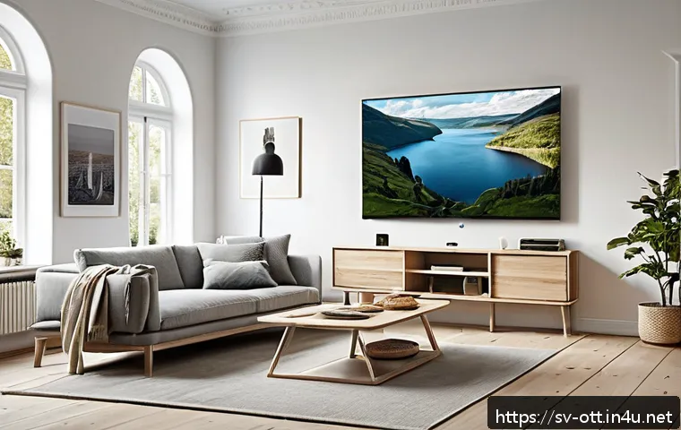 OTT 플랫폼 장단점 - A modern Scandinavian living room featuring a family comfortably streaming content on multiple devic...