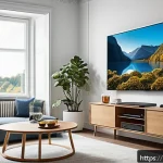 Home 18 OTT와 몰입형 경험 - A modern Swedish living room setting with a large flat-screen TV displaying a vivid 4K HDR nature do...