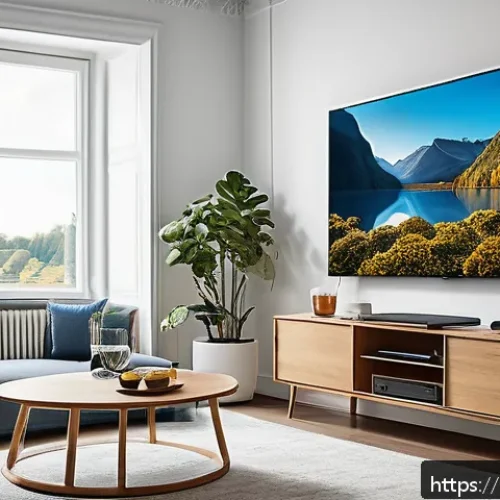 Home 30 OTT와 몰입형 경험 - A modern Swedish living room setting with a large flat-screen TV displaying a vivid 4K HDR nature do...