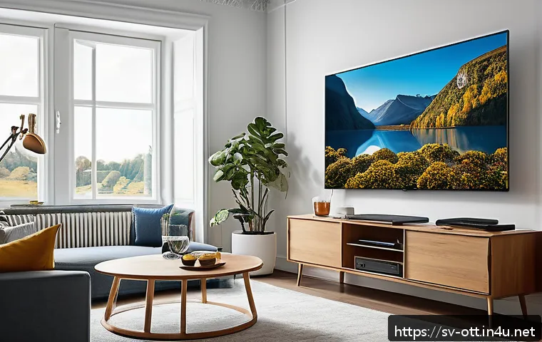 OTT와 몰입형 경험 - A modern Swedish living room setting with a large flat-screen TV displaying a vivid 4K HDR nature do...
